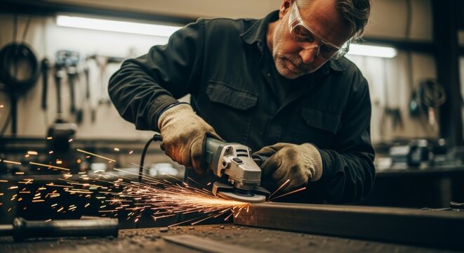 Skilled craftsman using angle grinder in workshop for metalwork projects