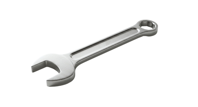 Silver open end metal hand wrench tool for mechanic work shop isolated on a transparent background