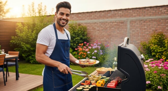 Man grilling vegetables and meat in backyard garden for summer barbecue event