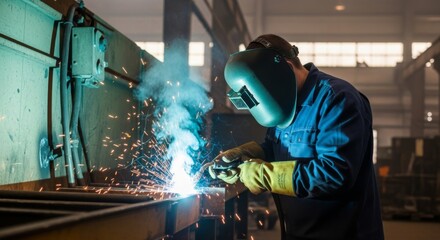 Industrial welding process in factory setting highlighting skilled worker and safety gear