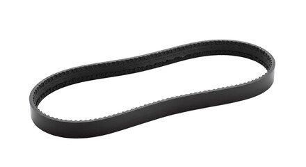Drive belt replacement for industrial machinery part isolated on a transparent background. Single black rubber timing drive belt loop.