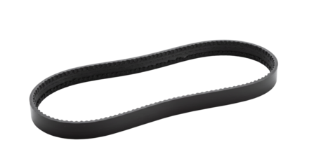 Drive belt replacement for industrial machinery part isolated on a transparent background. Single black rubber timing drive belt loop.