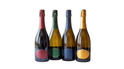 Four premium sparkling wine bottles in Borgognotta silhouette with varying label colors and matching foil neck wraps isolated transparent background