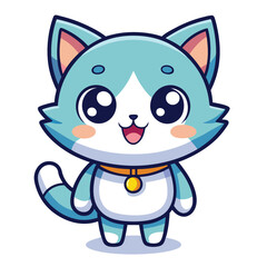 Obraz premium Cute light blue cartoon cat with big eyes and a happy expression, wearing a collar