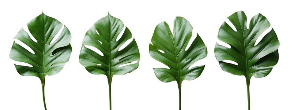 A set of four green monstera leaves