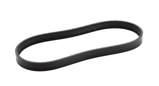 Drive belt replacement for industrial machinery part isolated on a transparent background. Single black rubber timing drive belt loop.