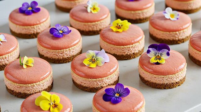 Rows of colorful mini cheesecakes with edible flowers in vibrant bakery display