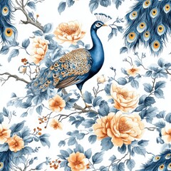 Obraz premium Elegant Peacock and Floral Seamless Pattern on White Background