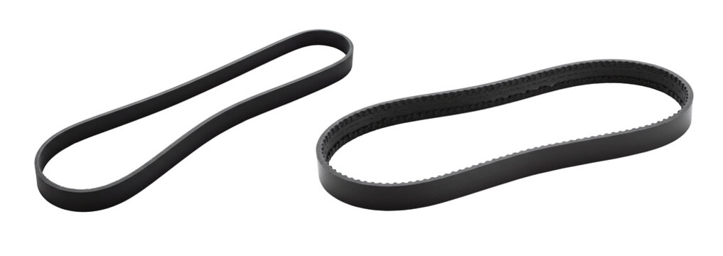 Black industrial rubber machine drive belts isolated on a transparent background