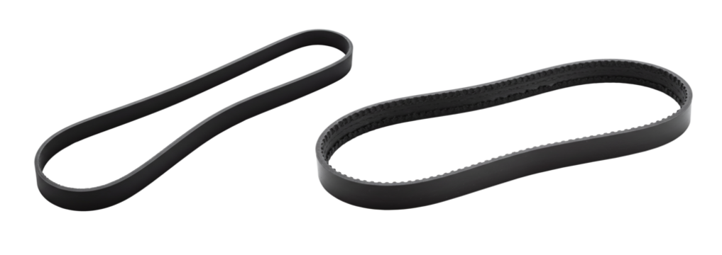 Black industrial rubber machine drive belts isolated on a transparent background