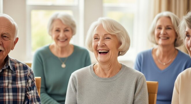 Happy senior group enjoying social gathering in bright room - Powered by Adobe