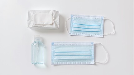 Protective essentials: Light blue face masks, hand sanitizer, and sanitizing wipes, flat lay on white.