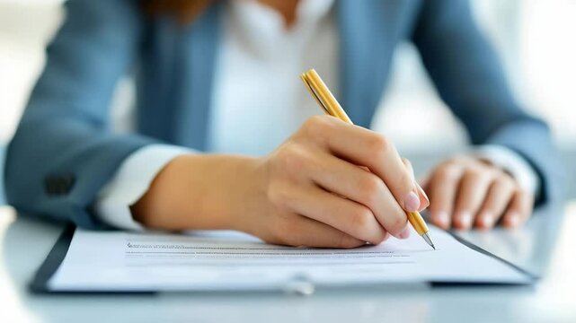 Businesswoman hand holding pen signing document close up professional office environment, contract agreement and formal paperwork focus hand, confident and determined mood, businesswoman signing