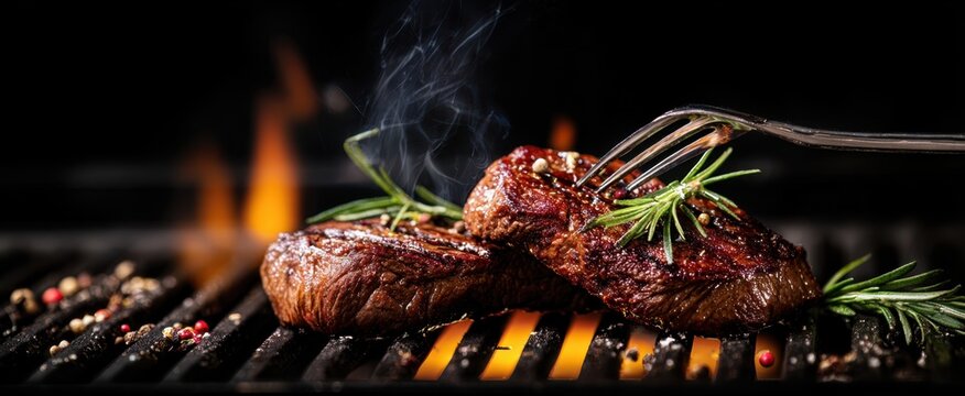 The sizzling steak on a grill with aromatic herbs and spices.