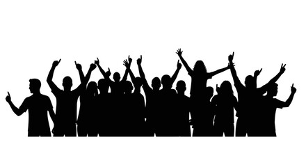 Obraz premium Crowd of silhouettes celebrating with raised hands against white background 