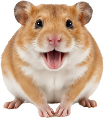 Cheerful hamster with round cheeks and tiny paws, isolated on a transparent background. Bright eyes and soft fur give it a playful and expressive appearance.