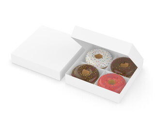 Blank four donuts paper box packaging 3d illustration template.