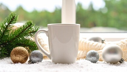 Warm winter drinks concept with mug, ornaments, faux snow and window view
