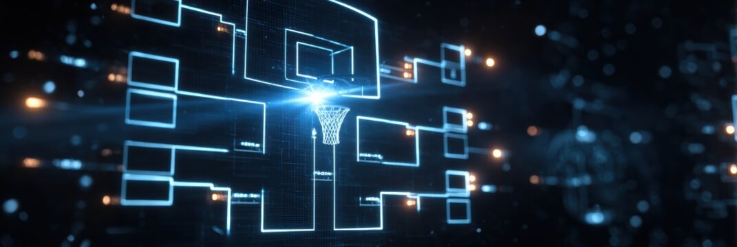 Basketball Bracket Chart Glowing in Digital Cyberspace With a Clean Top Third Area, Showcasing Dynamic Tournament Structure - Powered by Adobe