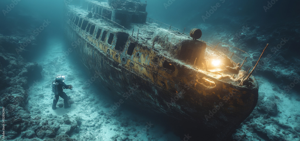 Poster a remote-operated robot navigates the depths of the ocean, investigating a submerged submarine surro