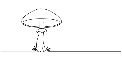 Mushroom line drawing. Nature food concept in continuous one single outline, Single-line art of a mushroom, simple, clean, and tasty. An edible autumn veggie, perfect from nature’s harvest. Champignon