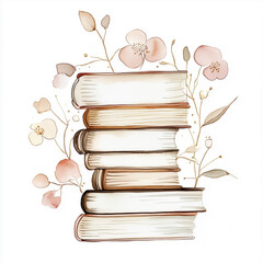 Floral book stack watercolor illustration in pink gold