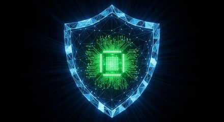 Digital security concept featuring a futuristic shield protecting a green circuit in a technology background
