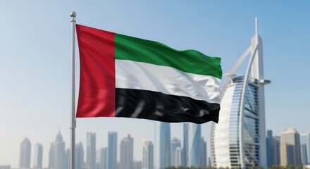United arab emirates flag waving against modern dubai skyline with iconic architecture
