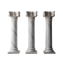 Three marble columns with glossy white finish and ornate capitals isolated transparent background