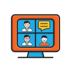 education icon. Virtual Classroom. Monitor displays three student faces and or chat bubbles. smart, learning, clever. isometric design style