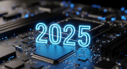 Obraz premium Futuristic technology concept with glowing 2025 on microchip circuit board