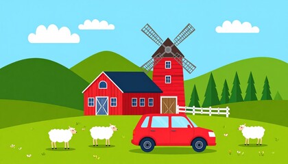 Whimsical farm landscape illustration with red barn, windmill, and sheep