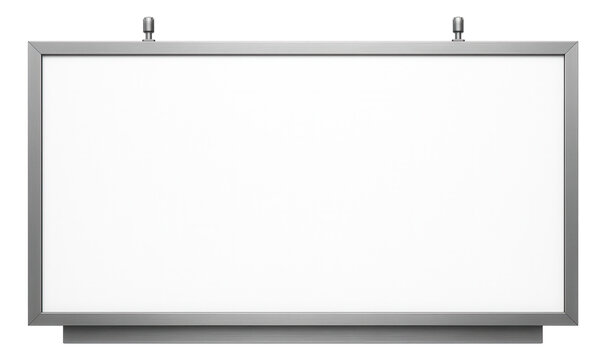Rectangular whiteboard with metal frame and attachment knobs for mounting on transparent background.