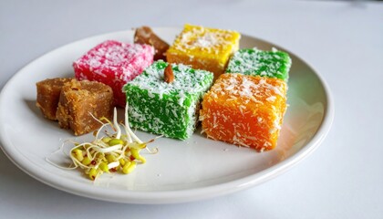 Colorful traditional Indonesian desserts on a white plate, a sweet and vibrant treat
