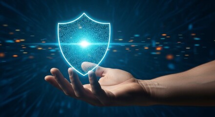 Futuristic cyber security concept with digital shield in hand