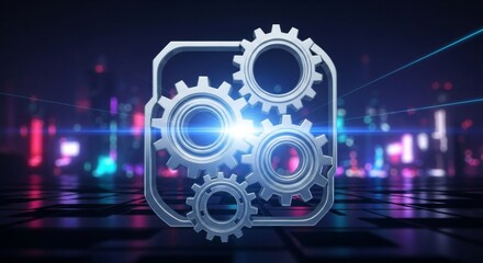 Obraz premium Futuristic gear mechanism with neon lights for technology and innovation designs