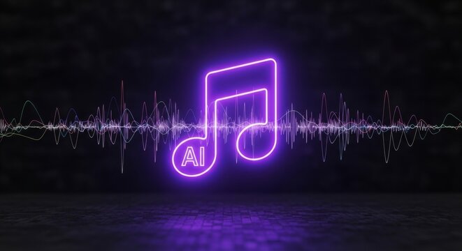 Neon ai music note with sound waves on dark background - futuristic audio technology theme