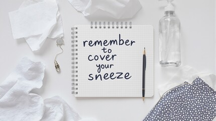 Health Reminder: Notebook with Cover Your Sneeze Message, Tissues, and Hand Sanitizer on White Surface.