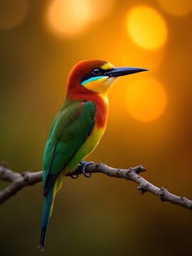 Vibrant rainbow bee-eater perched on branch at sunset with bokeh background