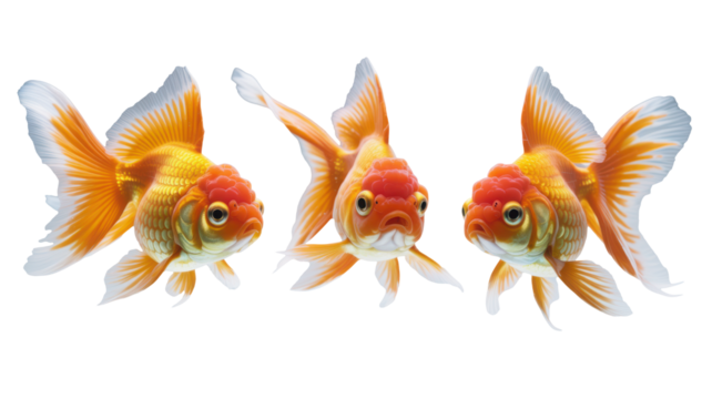 Triplet fancy goldfish with vibrant orange-gold fins hovering in different swimming poses isolated transparent background