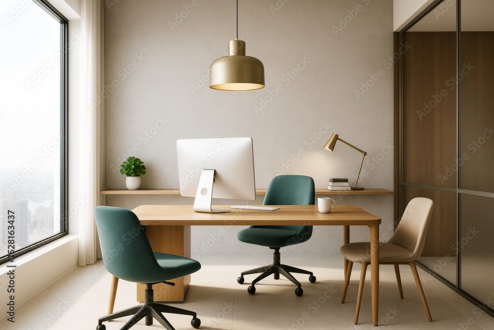 Poster modern business office interior with computer, chairs, and soft lighting in a minimalist workspace s