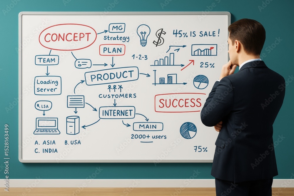 Poster businessman analyzing a business concept diagram on a whiteboard with charts, graphs, and planning s
