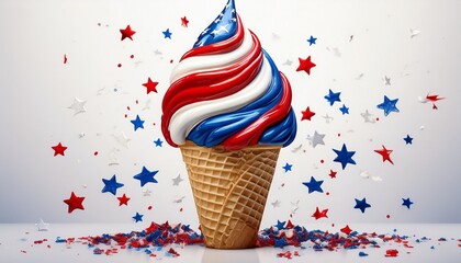 Obraz premium patriotic ice cream cone with red white and blue swirl and star sprinkles isolated on white background