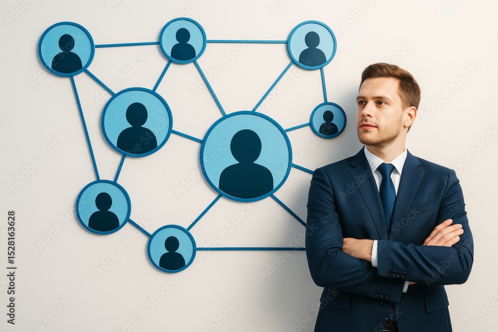 Aufkleber confident businessman in suit standing in front of connected network icons on light background repre