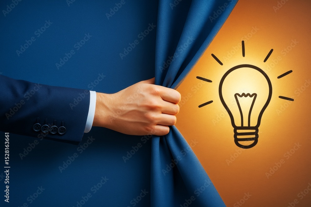 Aufkleber businessman pulling curtain to reveal glowing light bulb symbolizing bright idea and innovation conc