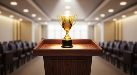 Award ceremony concept with golden trophy on podium in conference room setting
