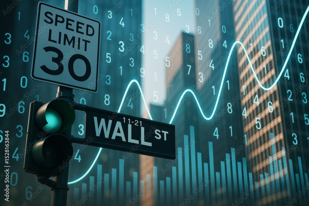 Poster wall street sign with speed limit and traffic light against abstract financial data background and s