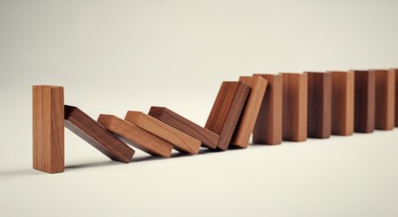 Cascading wooden dominoes in motion for concept of cause and effect in chain reaction visualization