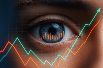 Close-up of human eye with business analytics graphs overlayed, symbolizing data-driven insight and future growth concept in a digital business world.