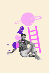 Pop vertical photo collage of happy businesswoman businessman stand rocket launch planet space ladder career promotion success